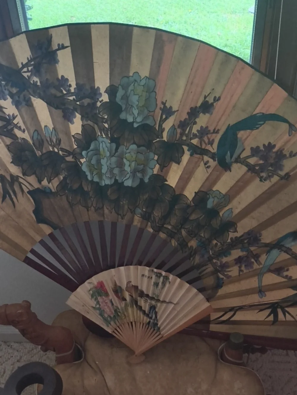 Hand-Painted Decorative Wall Fan in Gold and Blue, 60